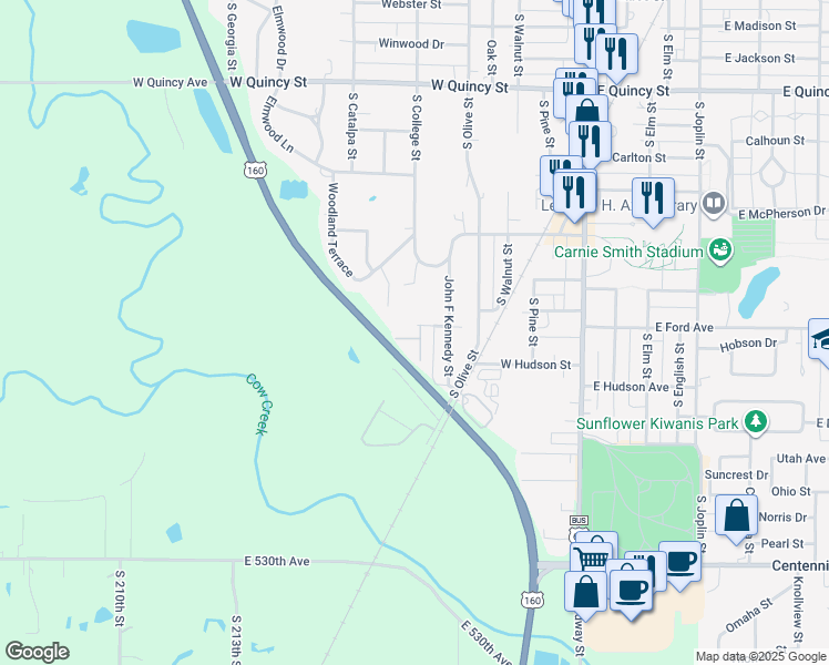 map of restaurants, bars, coffee shops, grocery stores, and more near 501 West Ford Avenue in Pittsburg