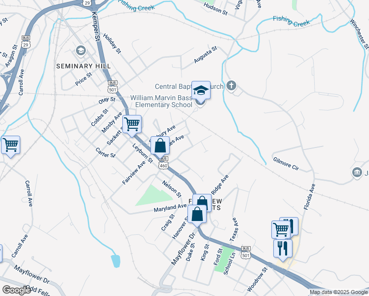 map of restaurants, bars, coffee shops, grocery stores, and more near 2013 Pocahontas Street in Lynchburg