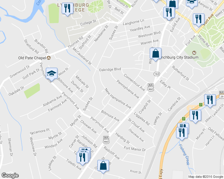 map of restaurants, bars, coffee shops, grocery stores, and more near 910 New Hampshire Avenue in Lynchburg