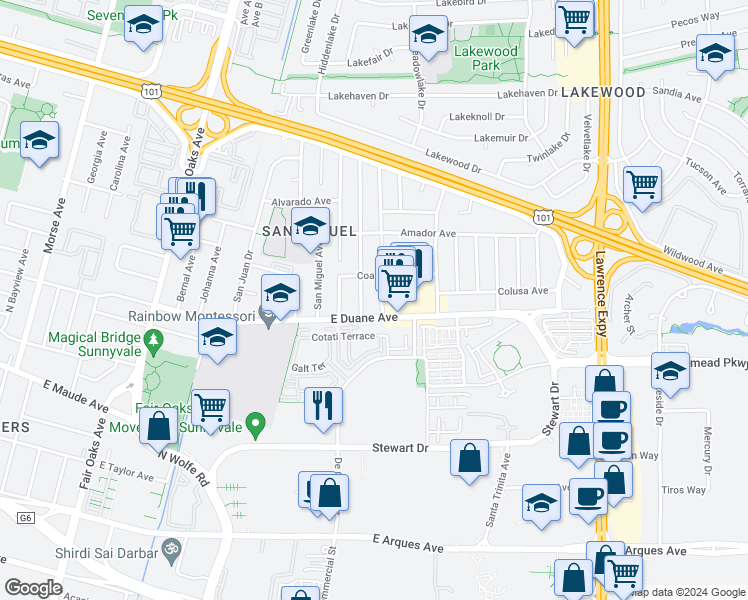 map of restaurants, bars, coffee shops, grocery stores, and more near 647 San Pedro Avenue in Sunnyvale