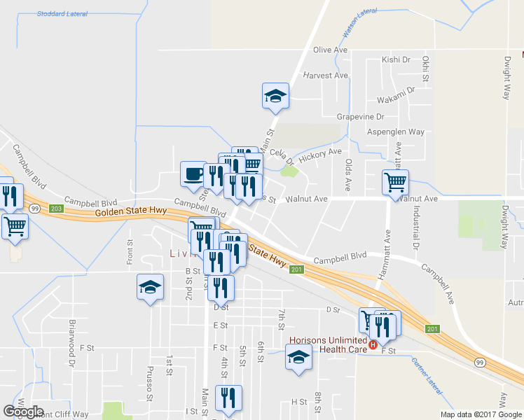 map of restaurants, bars, coffee shops, grocery stores, and more near 1505 Crowell Street in Livingston