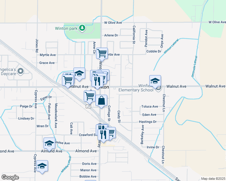 map of restaurants, bars, coffee shops, grocery stores, and more near 6974 Cottage Street in Winton