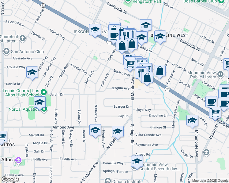 map of restaurants, bars, coffee shops, grocery stores, and more near 1755 Mayflower Court in Mountain View