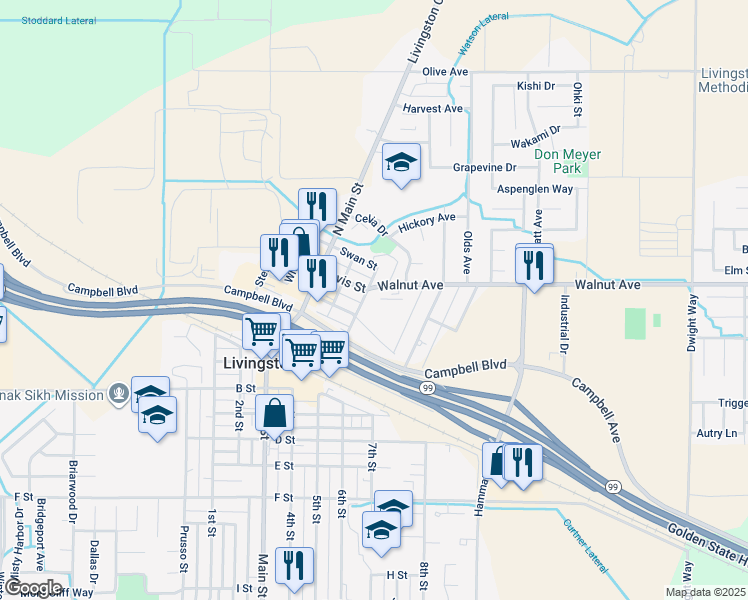 map of restaurants, bars, coffee shops, grocery stores, and more near 330 Franci Street in Livingston
