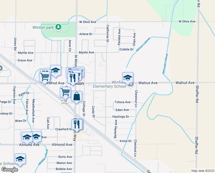 map of restaurants, bars, coffee shops, grocery stores, and more near 6975 California Street in Winton