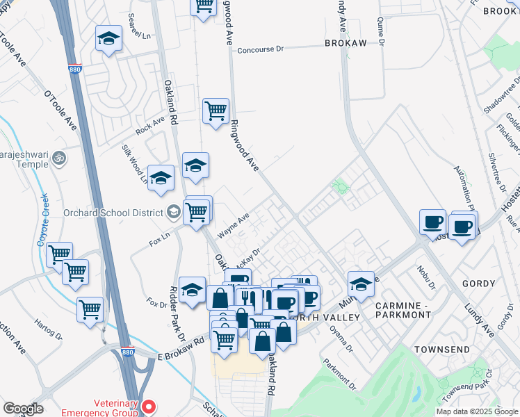 map of restaurants, bars, coffee shops, grocery stores, and more near 1980 Wayne Circle in San Jose