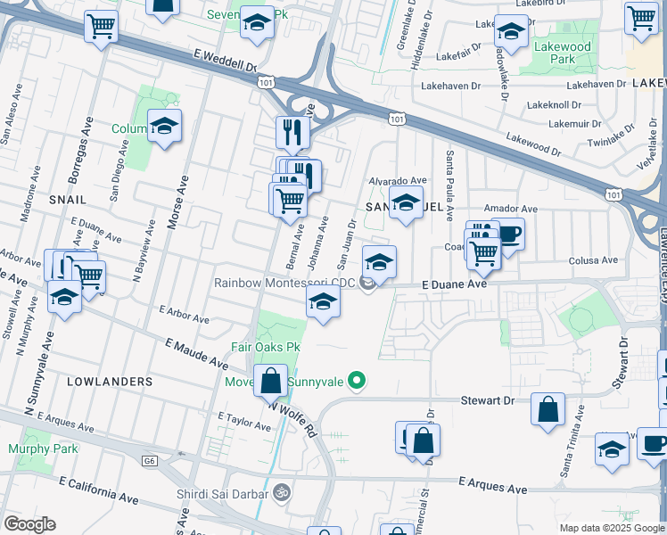 map of restaurants, bars, coffee shops, grocery stores, and more near 628 San Juan Drive in Sunnyvale
