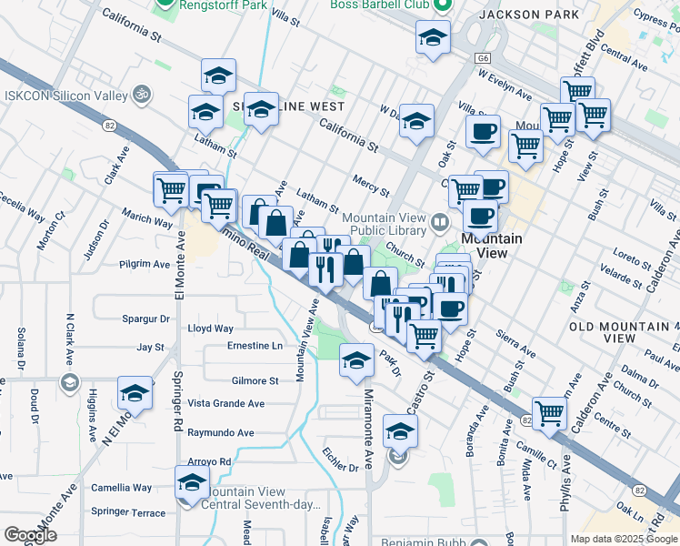 map of restaurants, bars, coffee shops, grocery stores, and more near 716 South Shoreline Boulevard in Mountain View