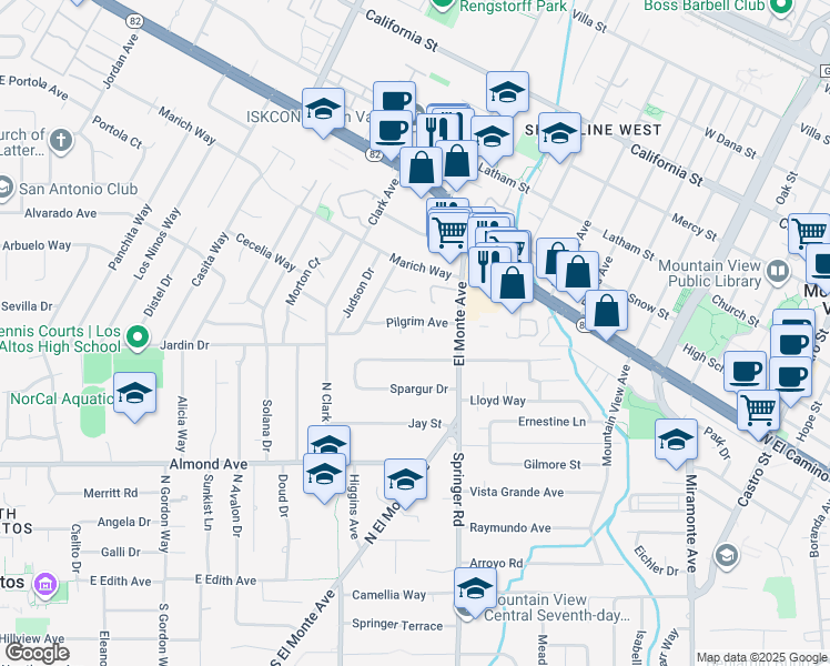 map of restaurants, bars, coffee shops, grocery stores, and more near 1733 Priscilla Court in Mountain View