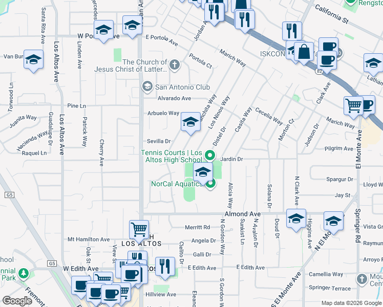 map of restaurants, bars, coffee shops, grocery stores, and more near 425 Panchita Way in Los Altos