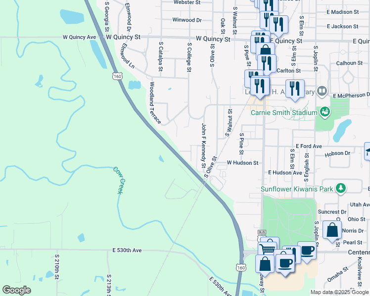 map of restaurants, bars, coffee shops, grocery stores, and more near 403 West Ford Street in Pittsburg
