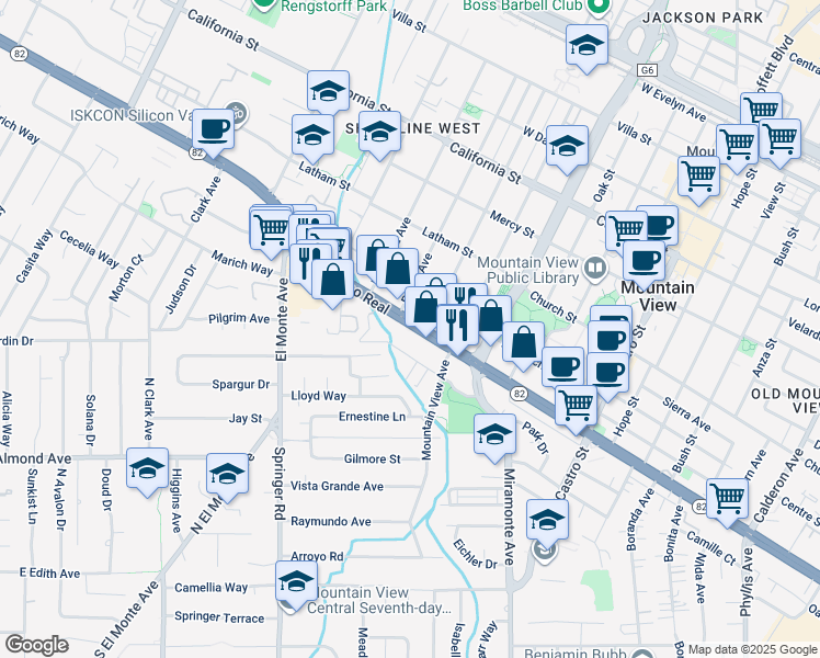map of restaurants, bars, coffee shops, grocery stores, and more near 1411B West El Camino Real in Mountain View