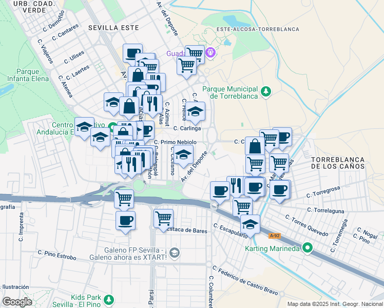 map of restaurants, bars, coffee shops, grocery stores, and more near 10 Calle Gimnasia in Sevilla