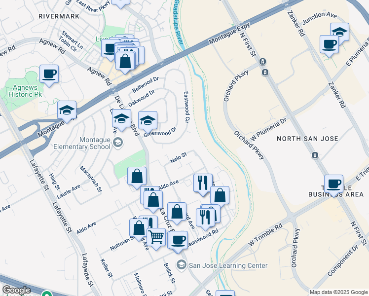 map of restaurants, bars, coffee shops, grocery stores, and more near 411 Nelo Street in Santa Clara