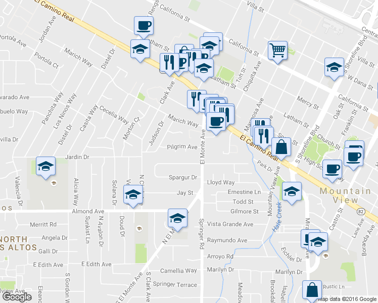 map of restaurants, bars, coffee shops, grocery stores, and more near 1733 Priscilla Court in Mountain View