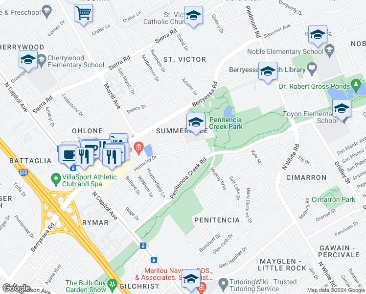 map of restaurants, bars, coffee shops, grocery stores, and more near 2923 Helmsley Drive in San Jose