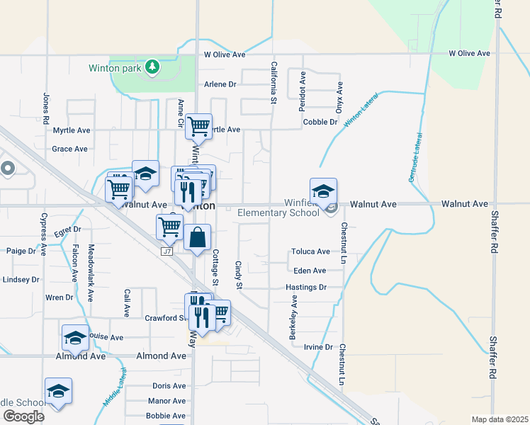 map of restaurants, bars, coffee shops, grocery stores, and more near 6975 California Street in Winton