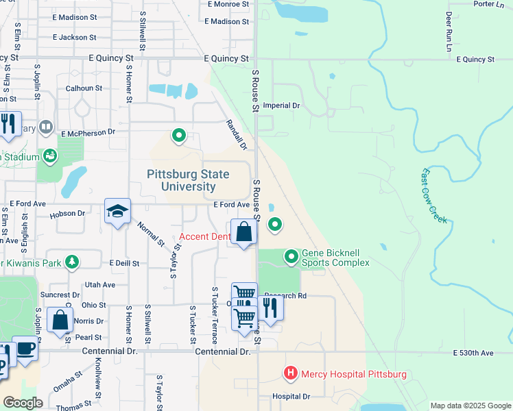 map of restaurants, bars, coffee shops, grocery stores, and more near 1902 South Rouse Avenue in Pittsburg