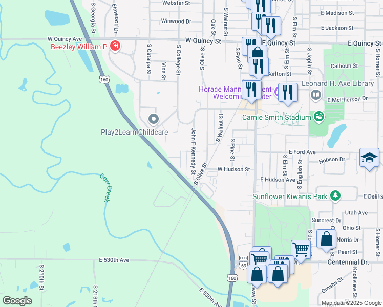 map of restaurants, bars, coffee shops, grocery stores, and more near 417 West Ford Avenue in Pittsburg