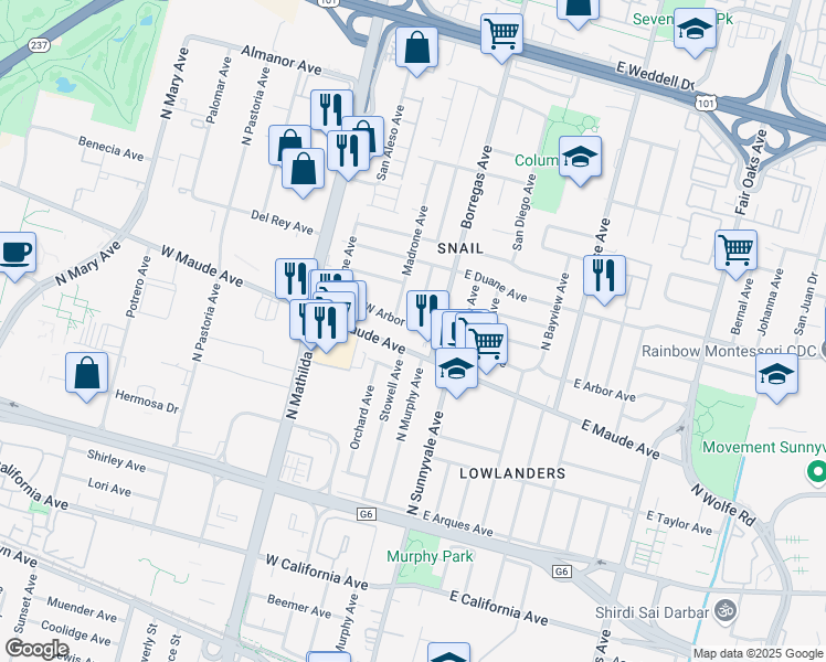 map of restaurants, bars, coffee shops, grocery stores, and more near 150 West Arbor Avenue in Sunnyvale