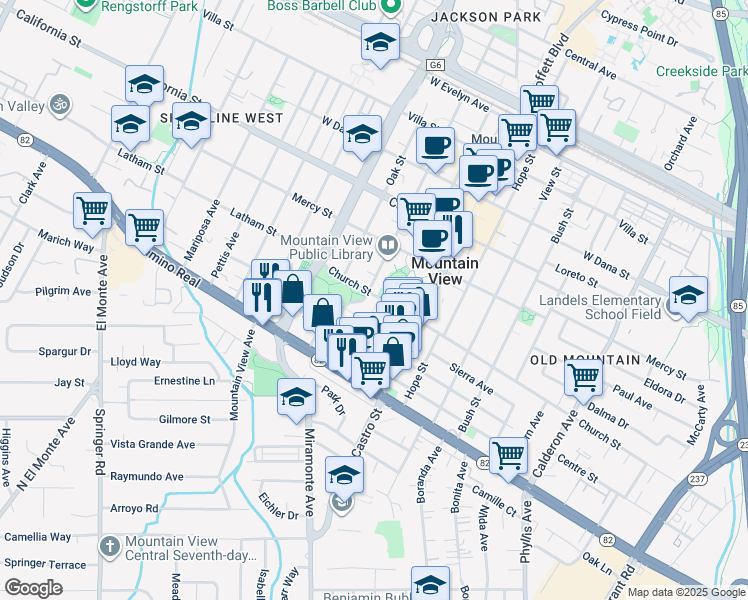 map of restaurants, bars, coffee shops, grocery stores, and more near 851 Church Street in Mountain View