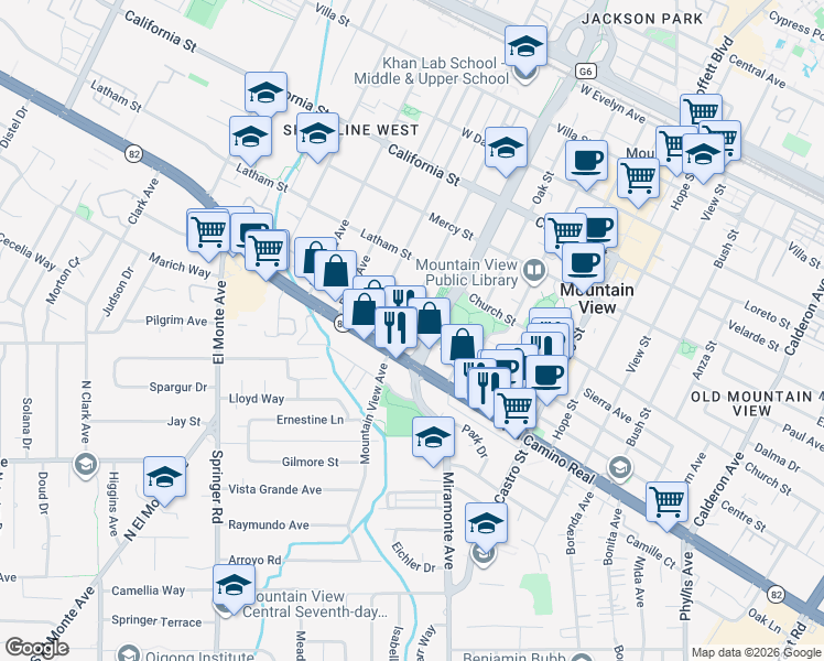 map of restaurants, bars, coffee shops, grocery stores, and more near Mountain View Avenue in Mountain View