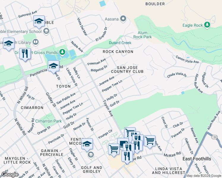 map of restaurants, bars, coffee shops, grocery stores, and more near 3986 Pepper Tree Ln in San Jose