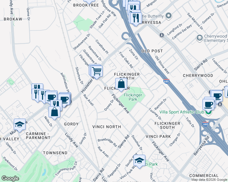 map of restaurants, bars, coffee shops, grocery stores, and more near 2012 Purcell Place in San Jose