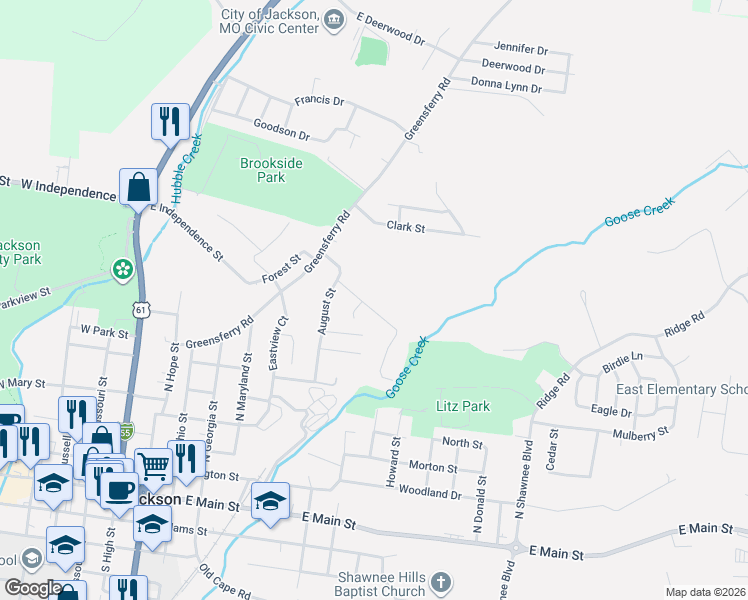 map of restaurants, bars, coffee shops, grocery stores, and more near 916 Odus Drive in Jackson