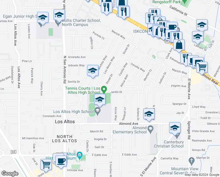 map of restaurants, bars, coffee shops, grocery stores, and more near 426 Casita Way in Los Altos