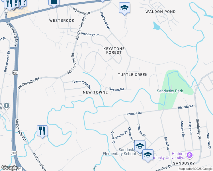 map of restaurants, bars, coffee shops, grocery stores, and more near 308 Wessex Road in Lynchburg