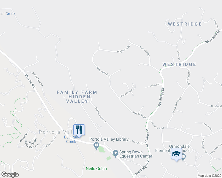 map of restaurants, bars, coffee shops, grocery stores, and more near 177 Mapache Drive in Portola Valley