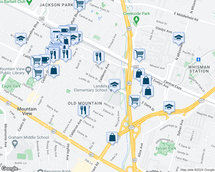 map of restaurants, bars, coffee shops, grocery stores, and more near 120 Azalea Drive in Mountain View