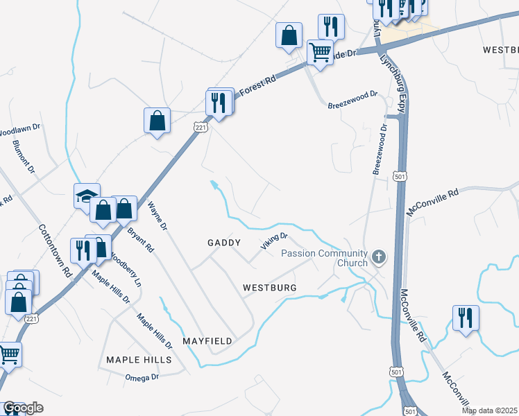 map of restaurants, bars, coffee shops, grocery stores, and more near 105 Emeline Drive in Lynchburg