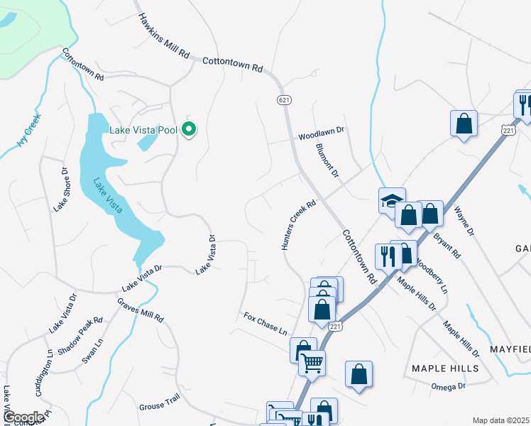 map of restaurants, bars, coffee shops, grocery stores, and more near 213 Clays Crossing Drive in Forest