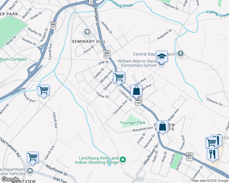 map of restaurants, bars, coffee shops, grocery stores, and more near 2236 Easley Avenue in Lynchburg