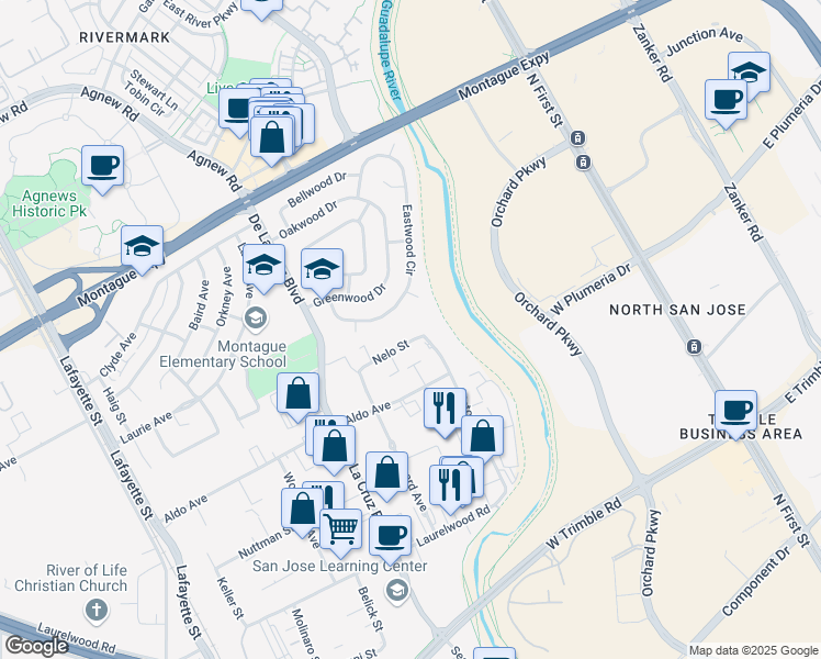 map of restaurants, bars, coffee shops, grocery stores, and more near 411 Nelo Street in Santa Clara