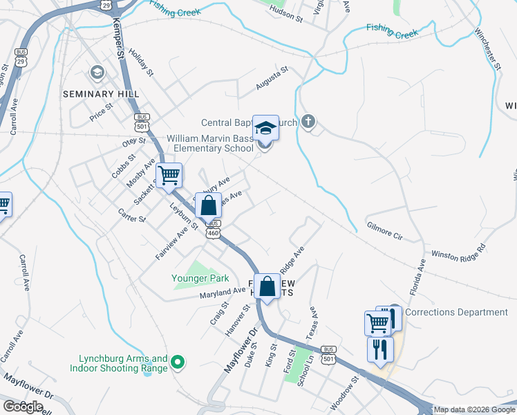 map of restaurants, bars, coffee shops, grocery stores, and more near 1908 Pocahontas Street in Lynchburg