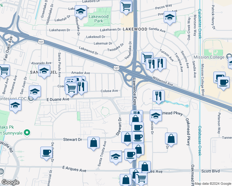 map of restaurants, bars, coffee shops, grocery stores, and more near 1038 Colusa Avenue in Sunnyvale
