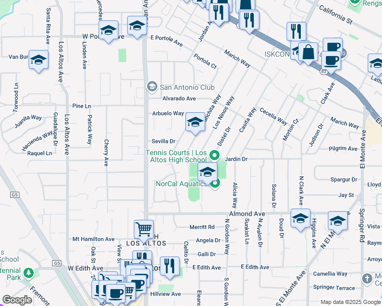 map of restaurants, bars, coffee shops, grocery stores, and more near 425 Panchita Way in Los Altos