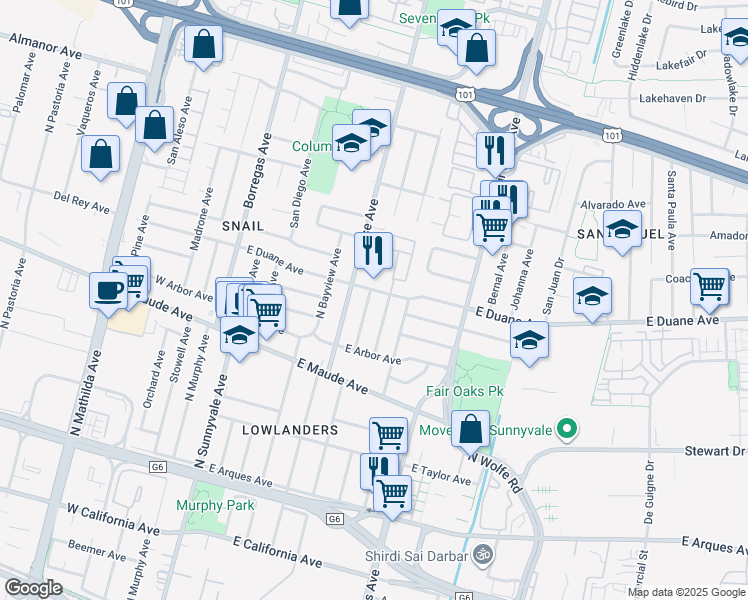 map of restaurants, bars, coffee shops, grocery stores, and more near in Sunnyvale