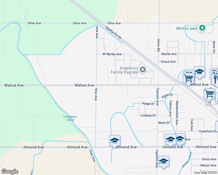 map of restaurants, bars, coffee shops, grocery stores, and more near 7895 Walnut Avenue in Winton