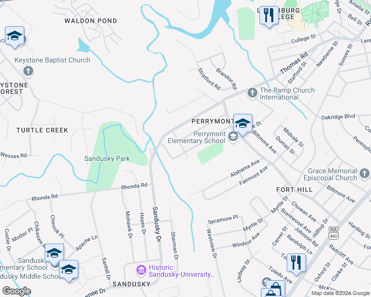 map of restaurants, bars, coffee shops, grocery stores, and more near 4633 Oakdale Drive in Lynchburg