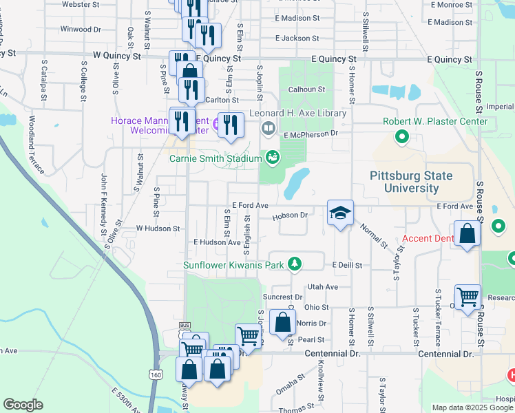 map of restaurants, bars, coffee shops, grocery stores, and more near 1902 South Joplin Street in Pittsburg