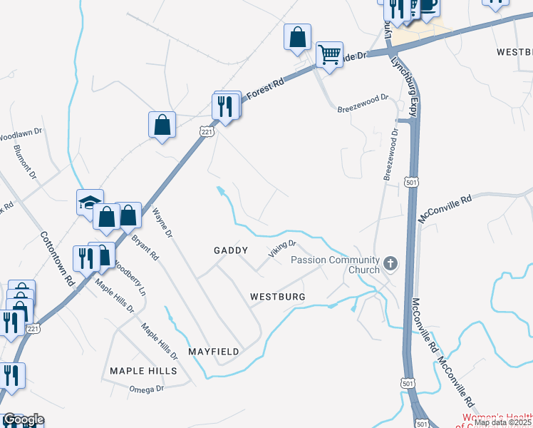 map of restaurants, bars, coffee shops, grocery stores, and more near 105 Emeline Drive in Lynchburg