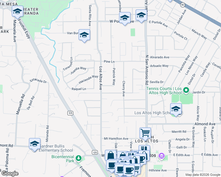 map of restaurants, bars, coffee shops, grocery stores, and more near 433 Patrick Way in Los Altos