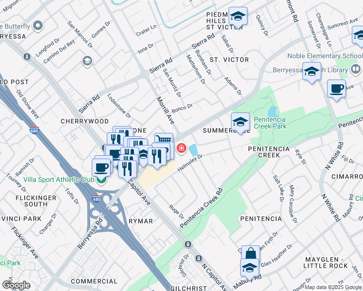 map of restaurants, bars, coffee shops, grocery stores, and more near 1134 Summerpark Court in San Jose