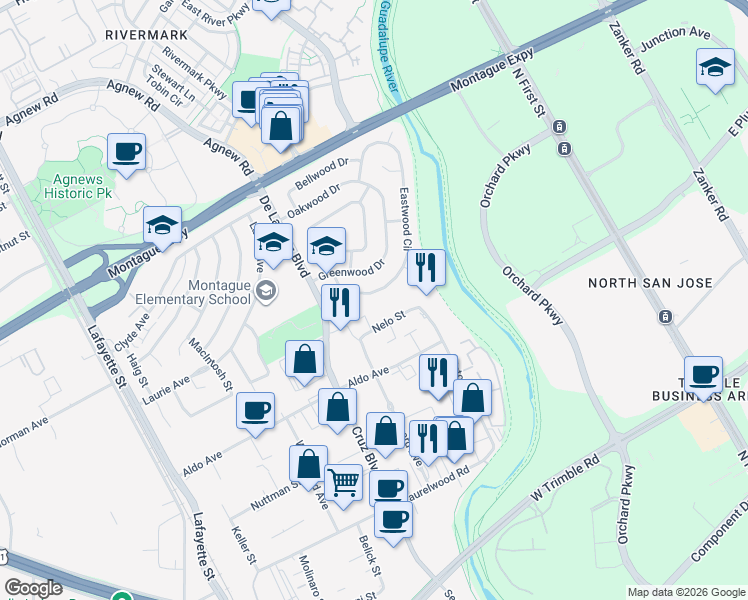 map of restaurants, bars, coffee shops, grocery stores, and more near 3635 Eastwood Circle in Santa Clara