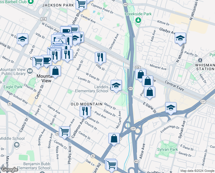 map of restaurants, bars, coffee shops, grocery stores, and more near 120 Azalea Drive in Mountain View
