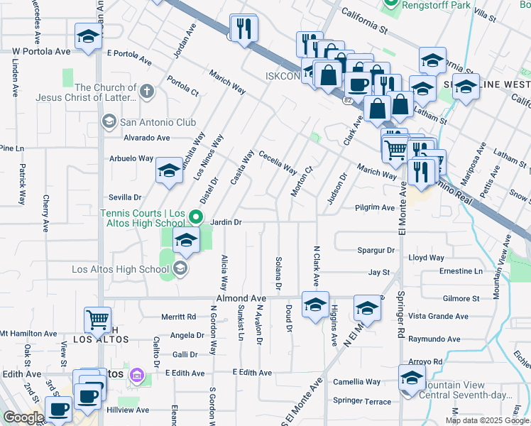 map of restaurants, bars, coffee shops, grocery stores, and more near 2129 Creeden Way in Mountain View